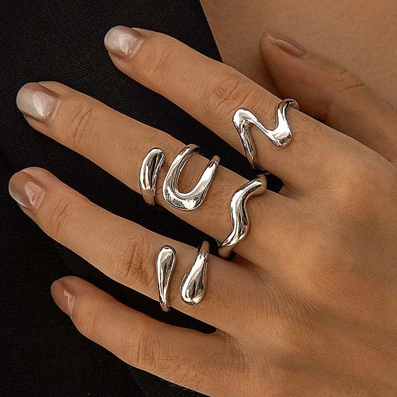 Ringiy 4-Piece Silver Geometric Adjustable Ring Set