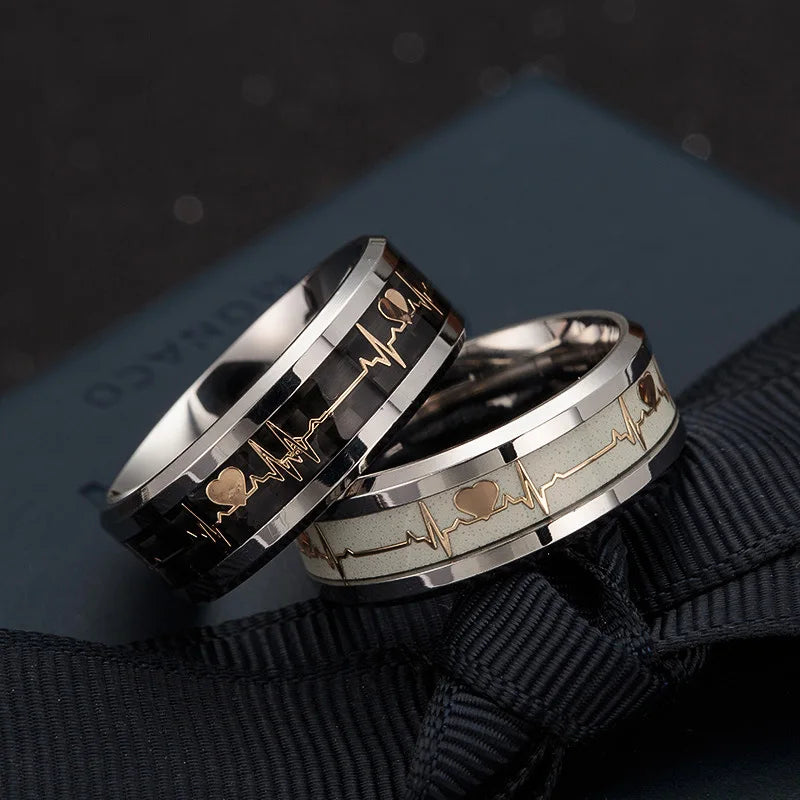 Ringiy Luminous ECG Carbon Fiber Couple Ring